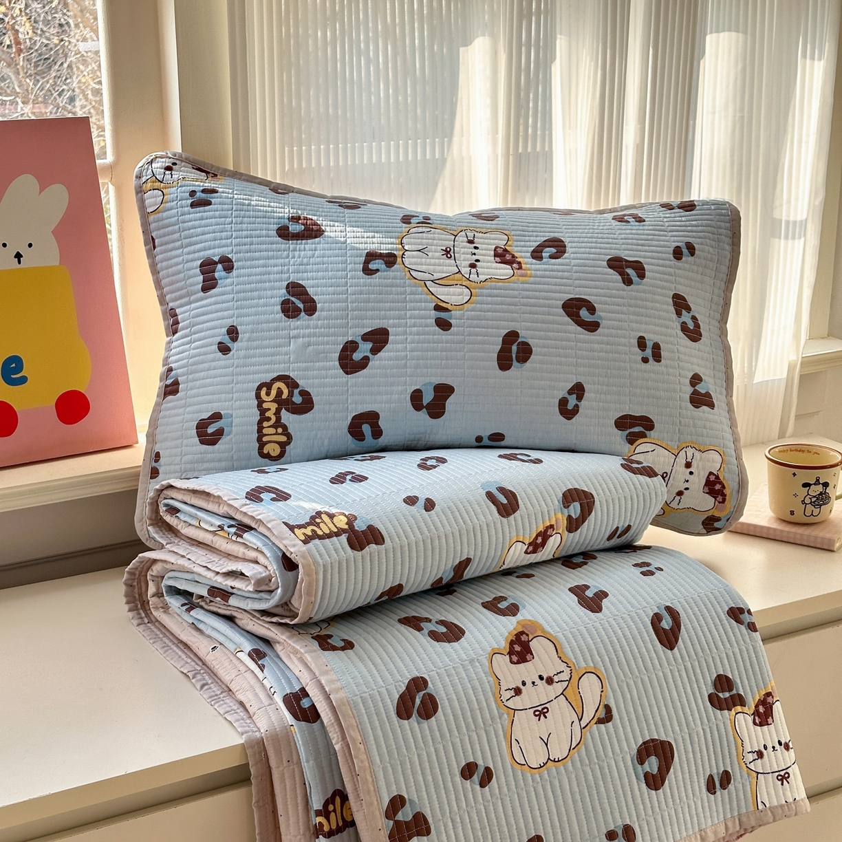 91家纺网 家纺一手货源 找家纺 乐童家纺 2026新款双面纯棉小清新印花床盖款四件套 床盖款-豹纹奶喵 蓝