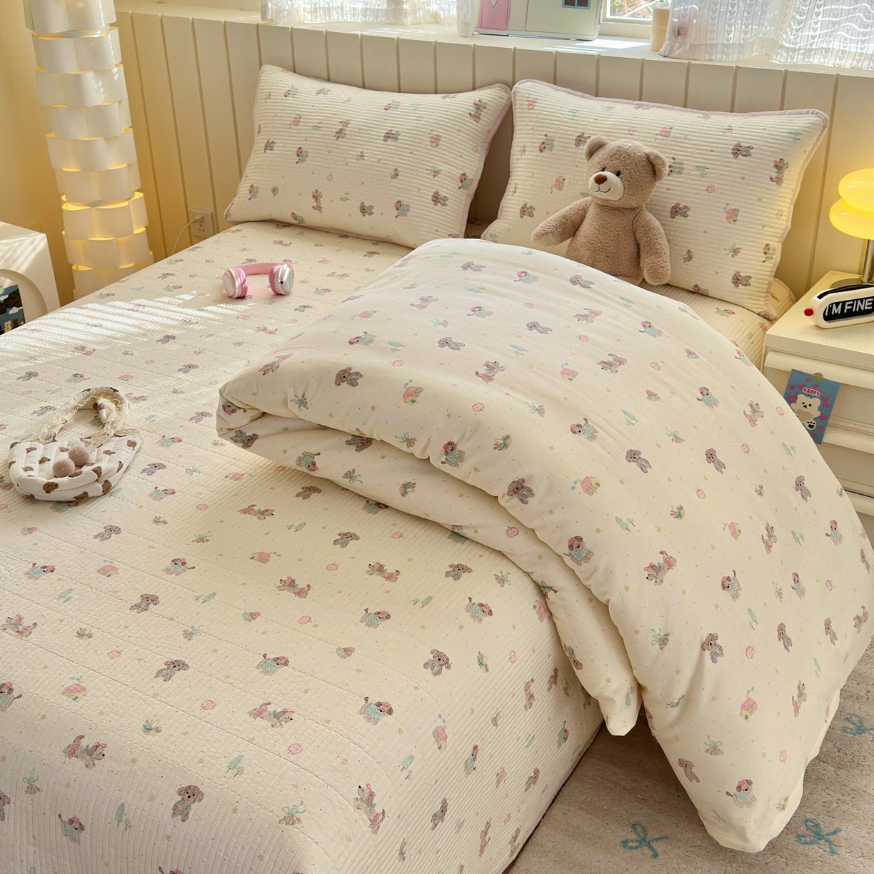 91家纺网 家纺一手货源 找家纺 乐童家纺 2026新款双面纯棉小清新印花床盖款四件套 床盖款-彩绘汪汪