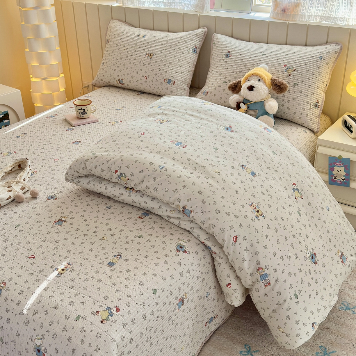 91家纺网 家纺一手货源 找家纺 乐童家纺 2026新款双面纯棉小清新印花床盖款四件套 床盖款-口袋故事