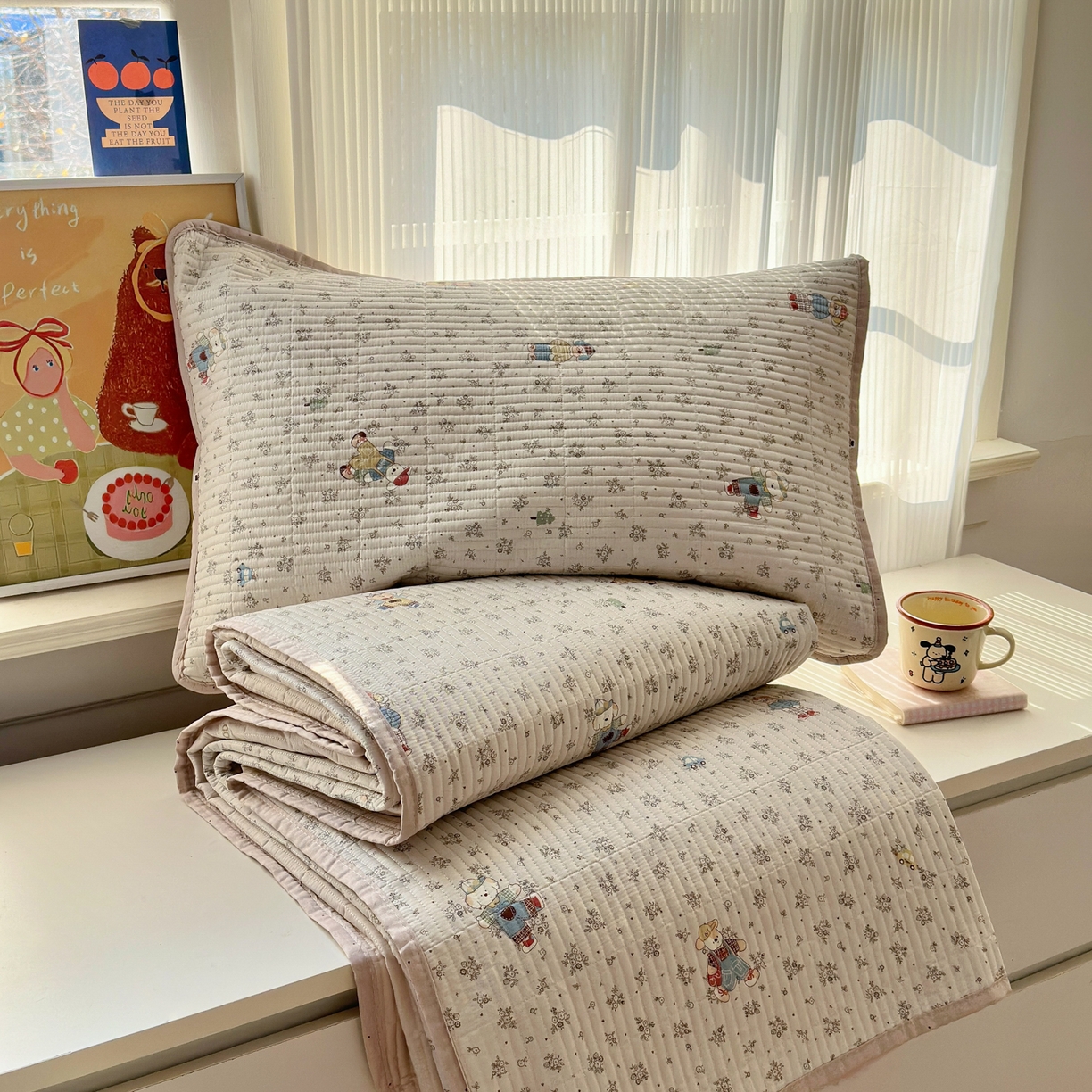91家纺网 家纺一手货源 找家纺 乐童家纺 2026新款双面纯棉小清新印花床盖款四件套 床盖款-口袋故事