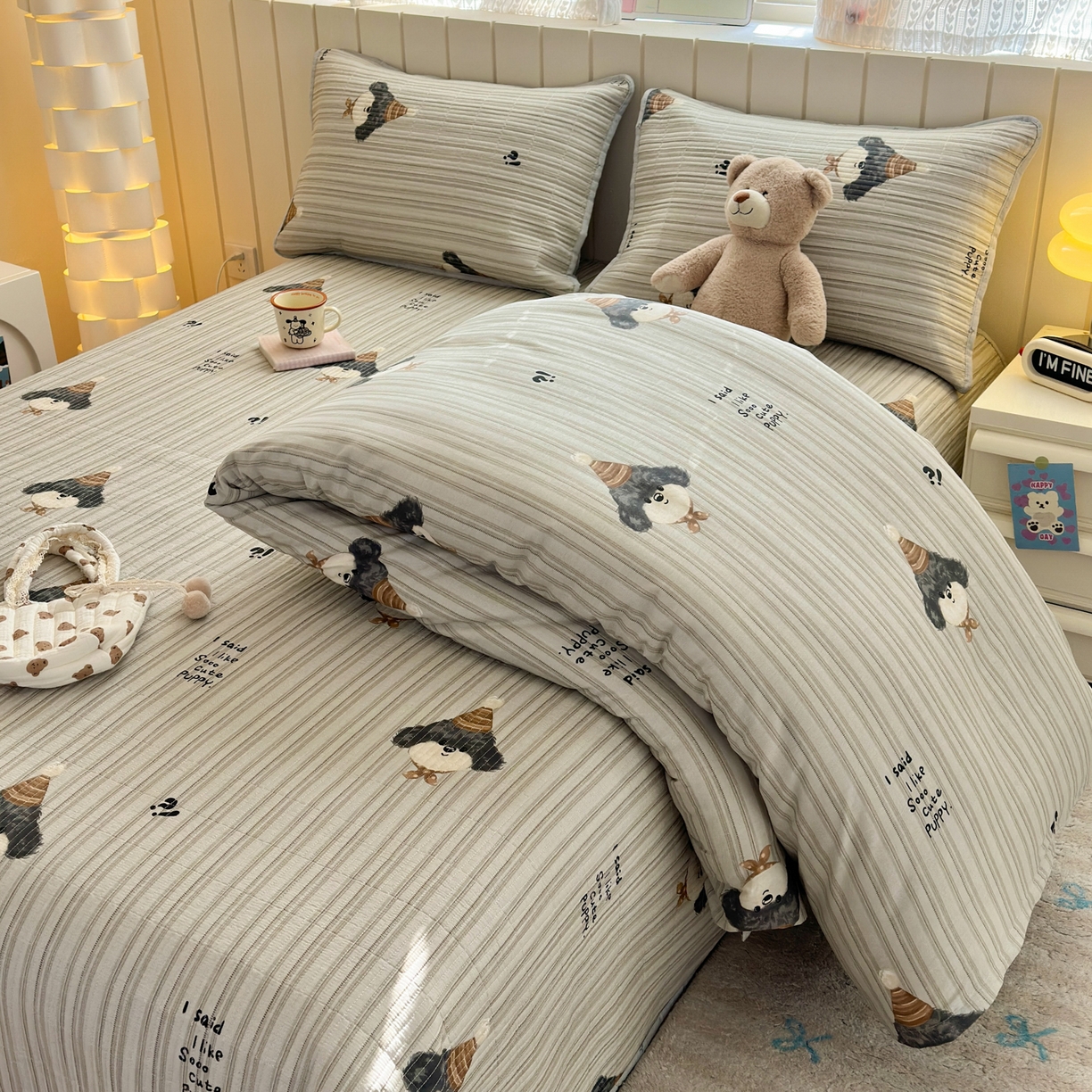 91家纺网 家纺一手货源 找家纺 乐童家纺 2026新款双面纯棉小清新印花床盖款四件套 床盖款-帽子柯基