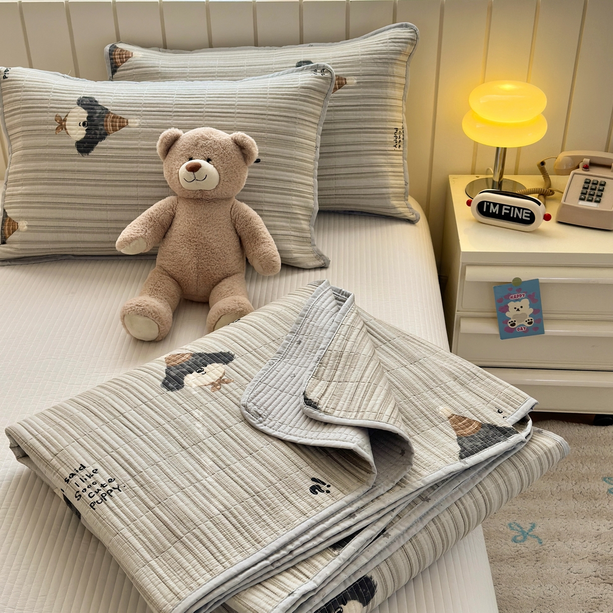 91家纺网 家纺一手货源 找家纺 乐童家纺 2026新款双面纯棉小清新印花床盖款四件套 床盖款-帽子柯基