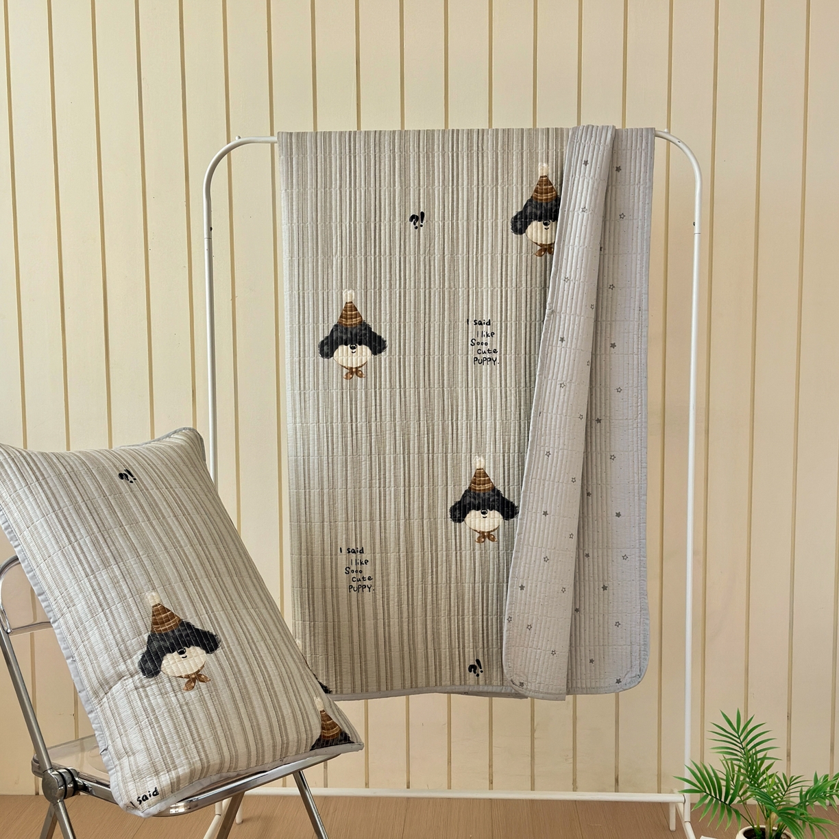 91家纺网 家纺一手货源 找家纺 乐童家纺 2026新款双面纯棉小清新印花床盖款四件套 床盖款-帽子柯基