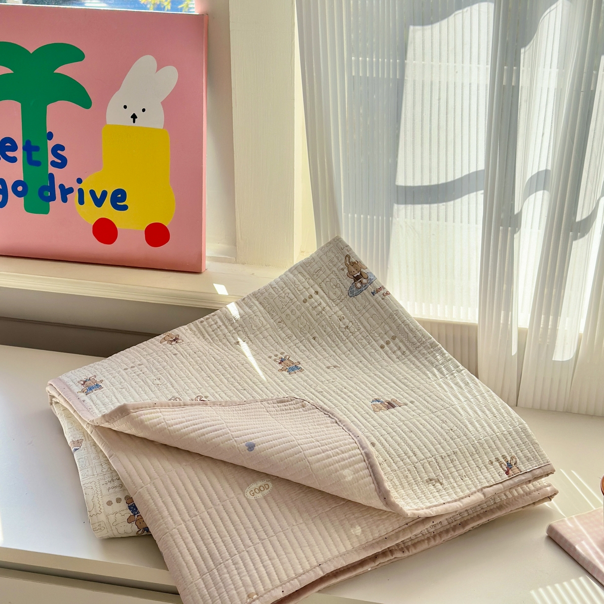 乐童家纺 2026新款双面纯棉小清新印花床盖款四件套 床盖款-兔兔邮票集