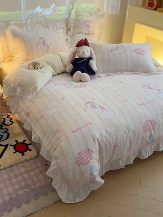 91家纺网 家纺一手货源 找家纺 （总）六巷胡同 2026春夏新款韩系花边款卡通全棉四件套（第二系列）风格一