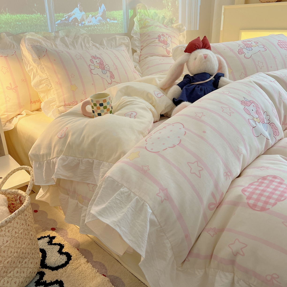 91家纺网 家纺一手货源 找家纺 （总）六巷胡同 2026春夏新款韩系花边款卡通全棉四件套（第二系列）风格一