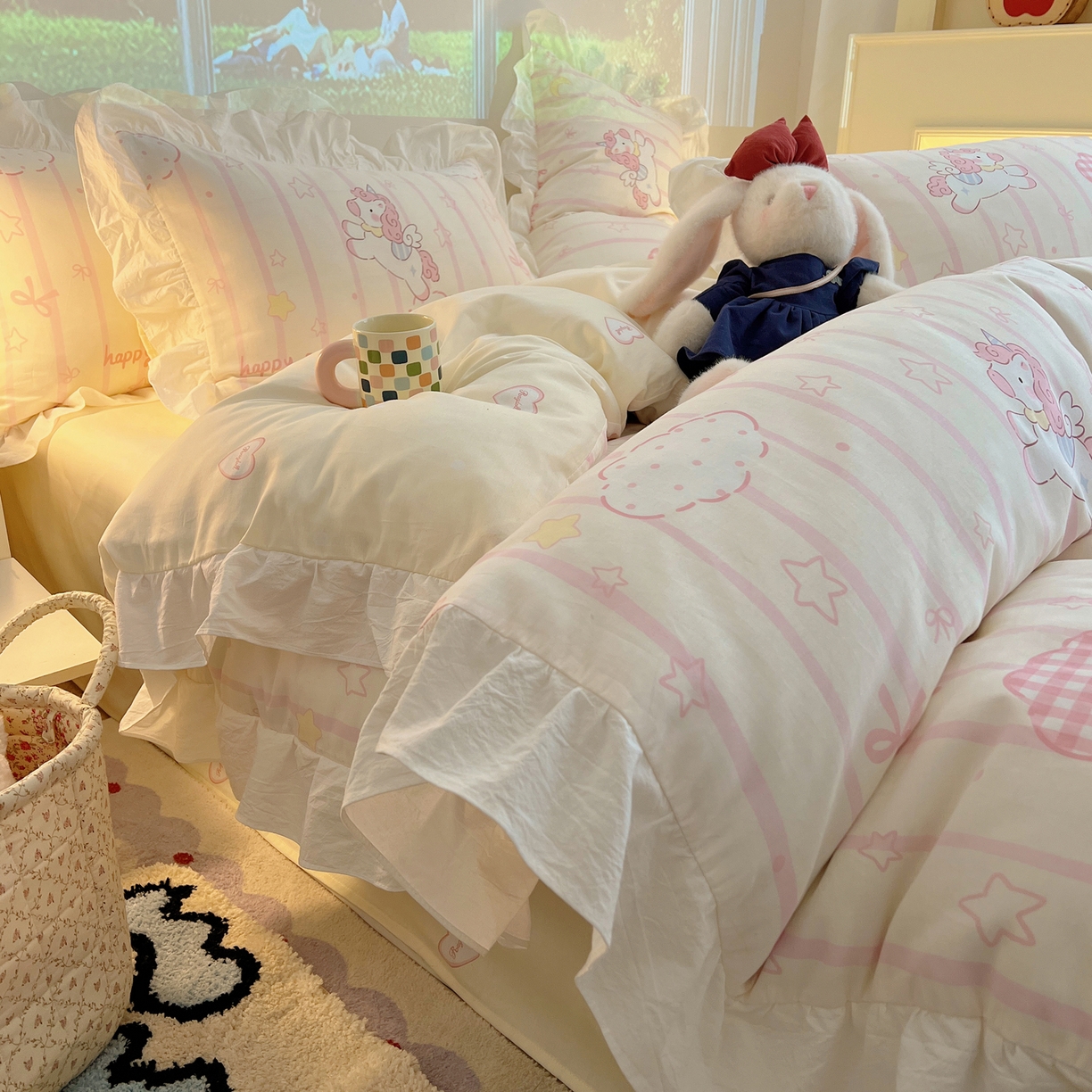 91家纺网 家纺一手货源 找家纺 （总）六巷胡同 2026春夏新款韩系花边款卡通全棉四件套（第二系列）风格一