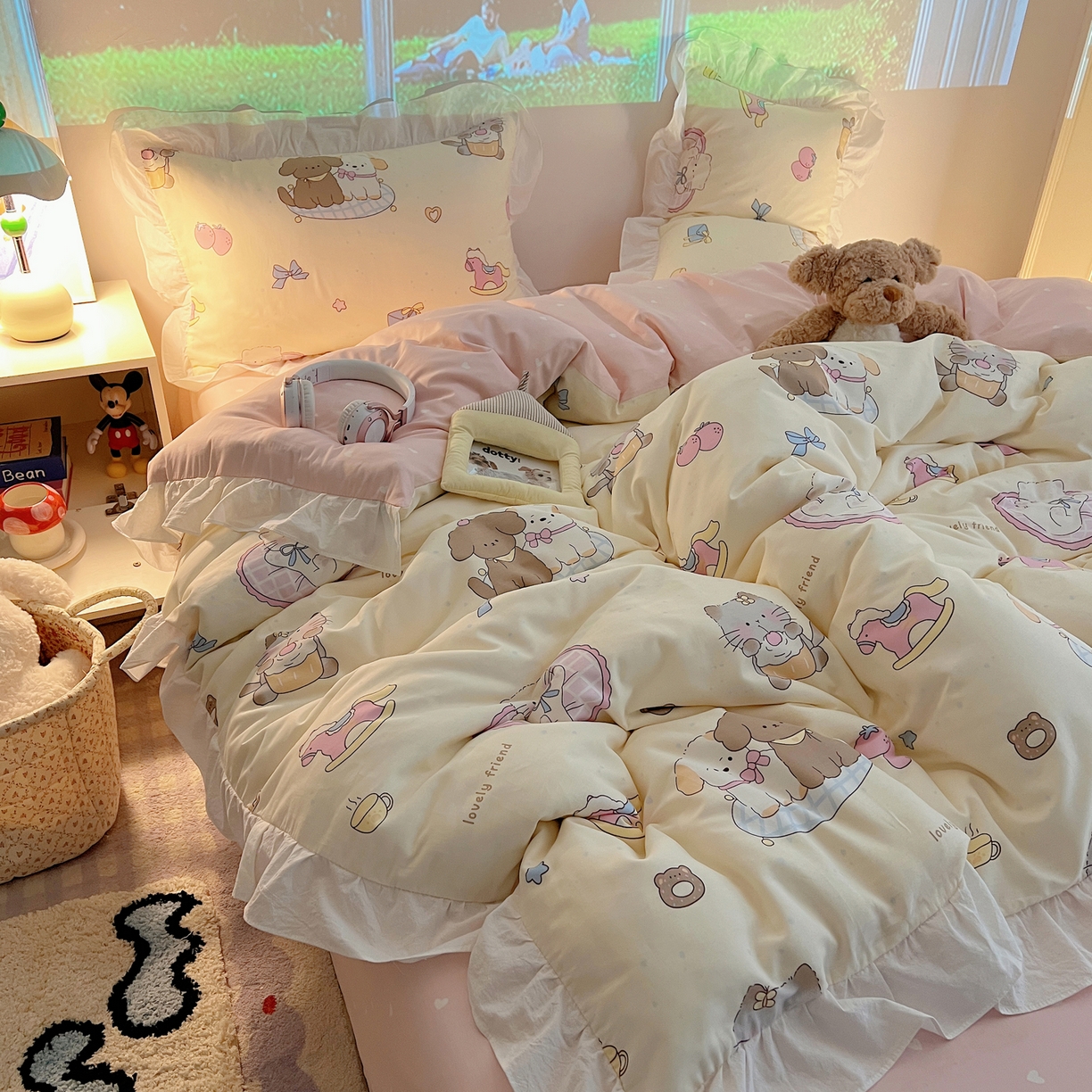 91家纺网 家纺一手货源 找家纺 （总）六巷胡同 2026春夏新款韩系花边款卡通全棉四件套（第二系列）风格一