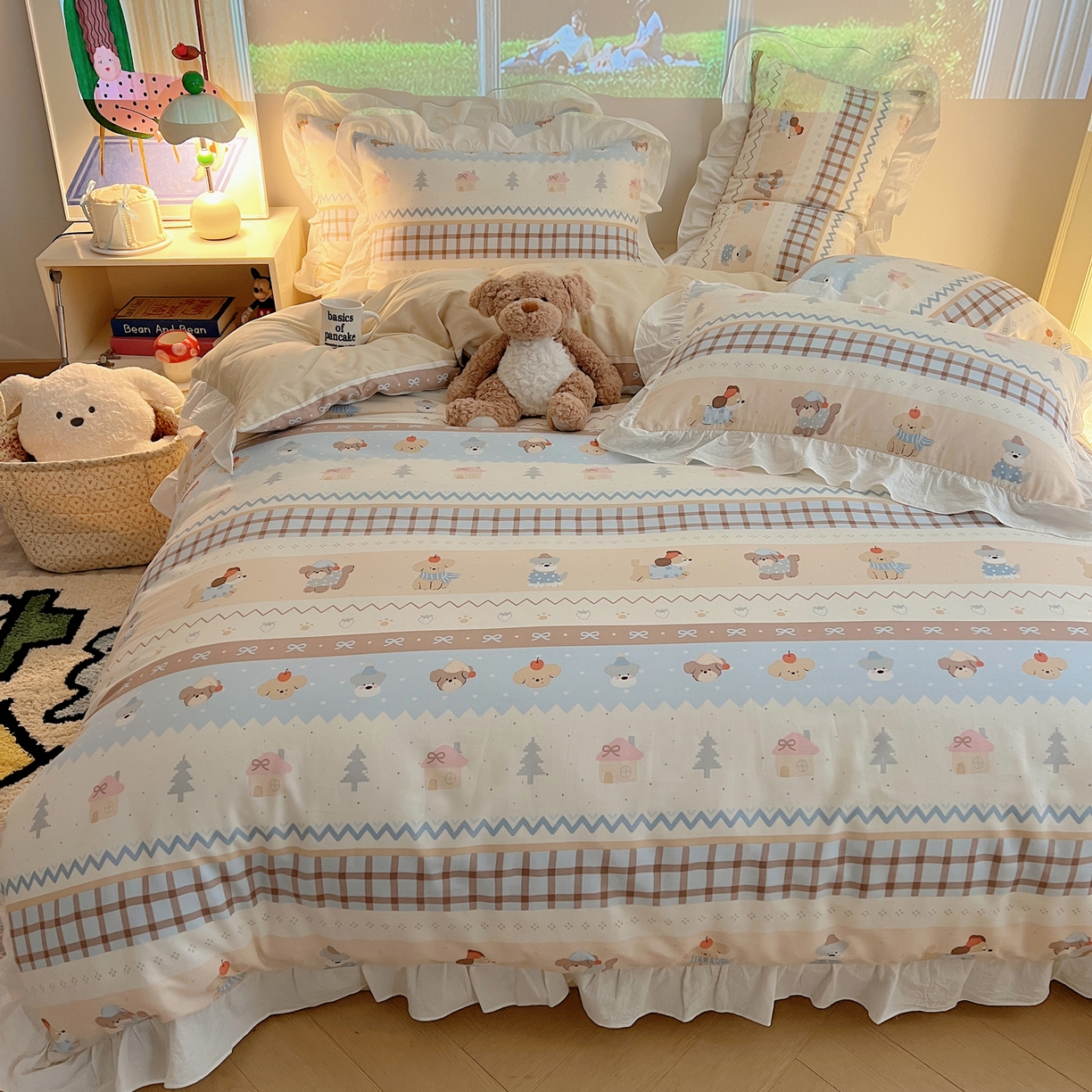 91家纺网 家纺一手货源 找家纺 六巷胡同 2026春夏新款韩系花边款卡通全棉四件套（第二系列）风格一 花边费尔岛狗狗