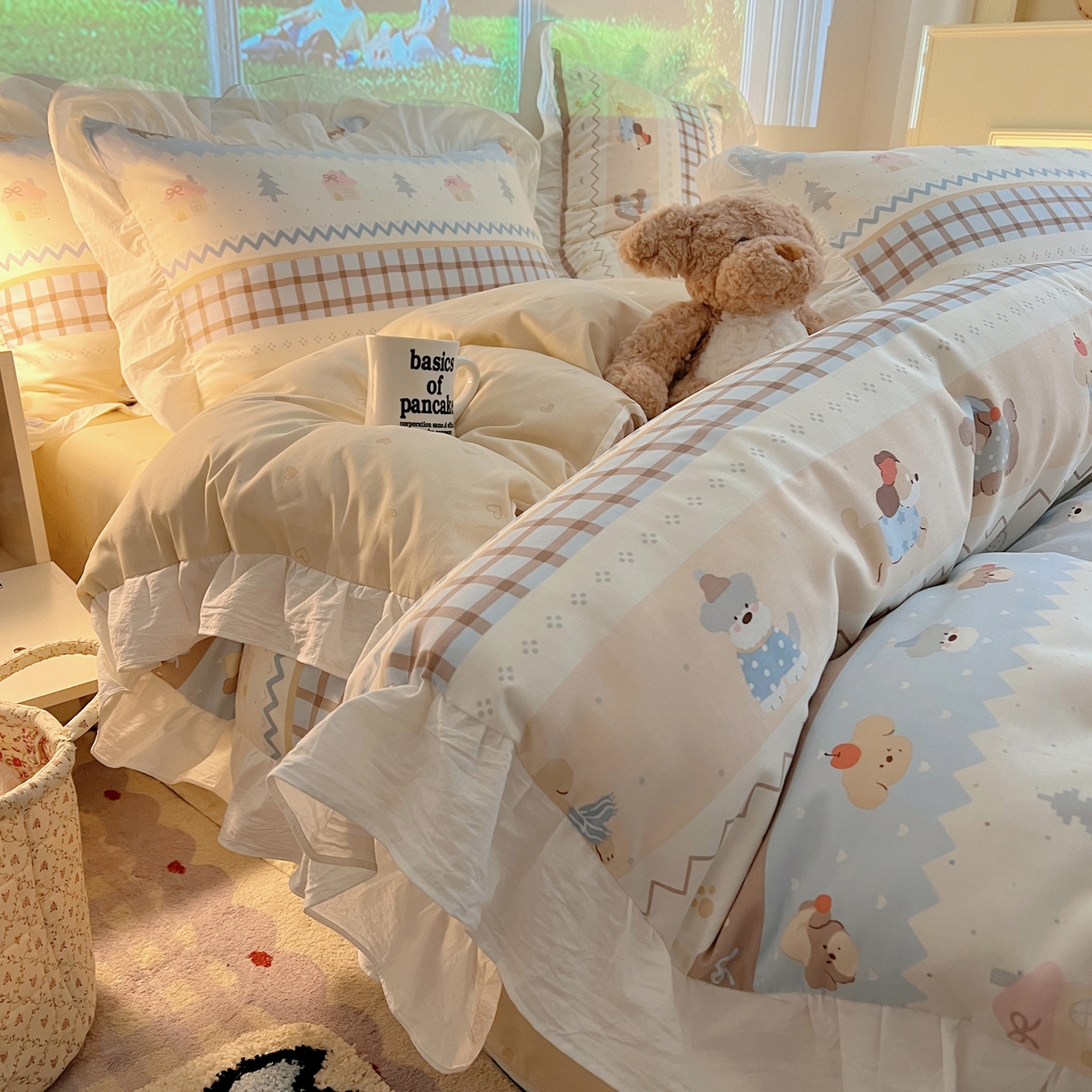 91家纺网 家纺一手货源 找家纺 六巷胡同 2026春夏新款韩系花边款卡通全棉四件套（第二系列）风格一 花边费尔岛狗狗