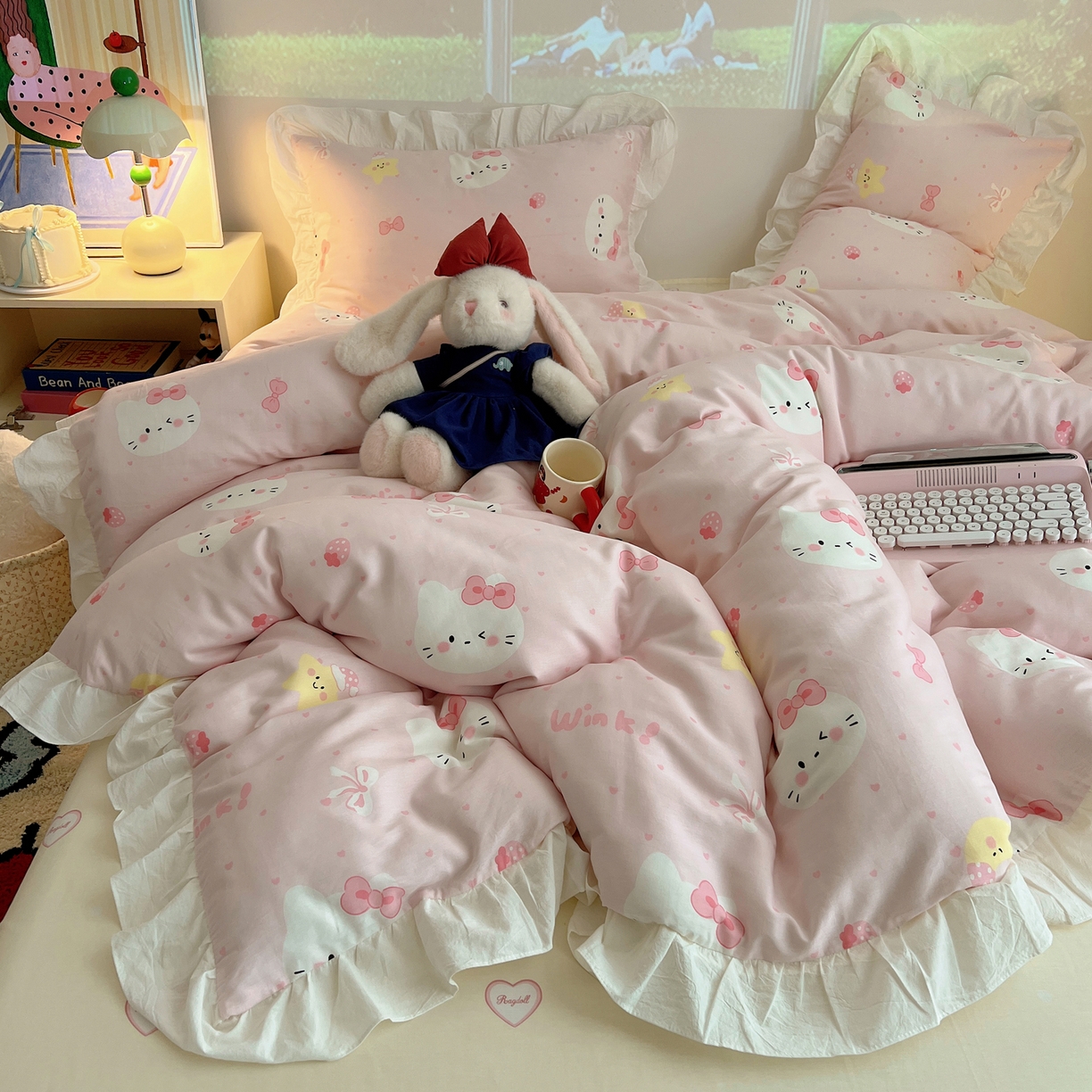 六巷胡同 2026春夏新款韩系花边款卡通全棉四件套（第二系列）风格一 花边粉爱心喵喵