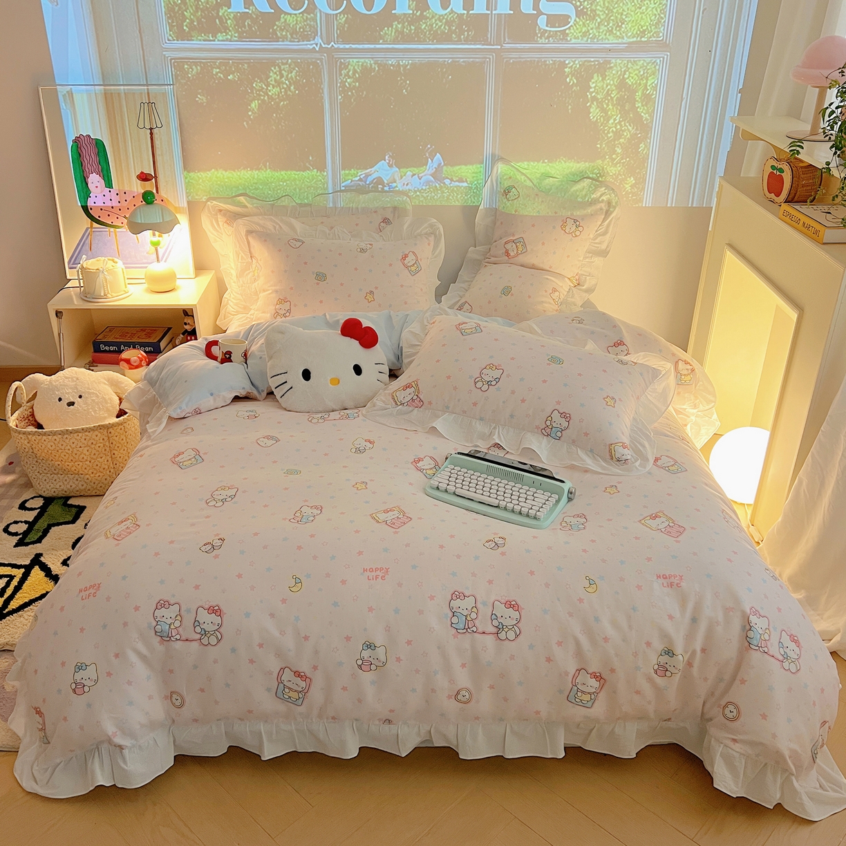 91家纺网 家纺一手货源 找家纺 六巷胡同 2026春夏新款韩系花边款卡通全棉四件套（第二系列）风格一 花边粉星闺蜜喵