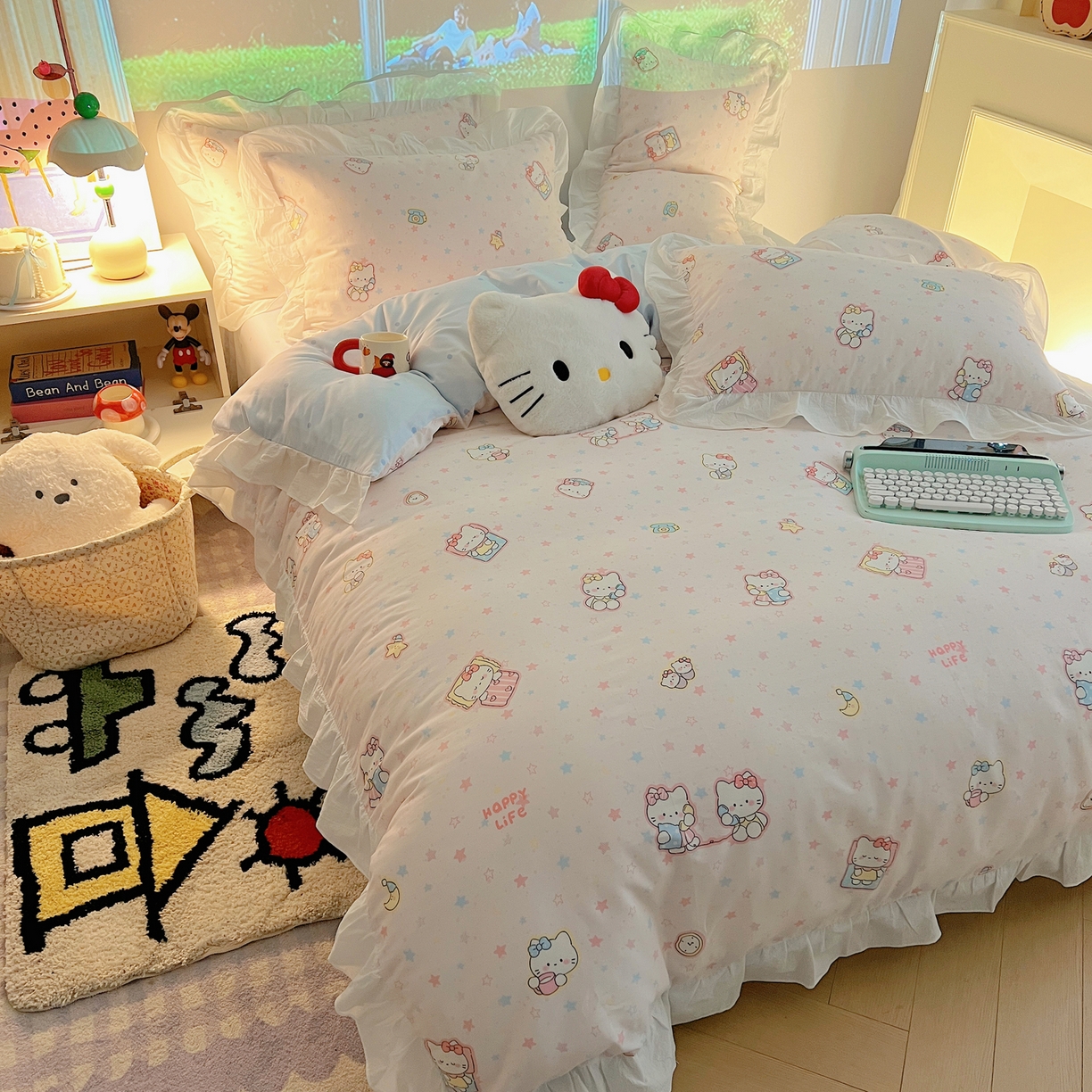 91家纺网 家纺一手货源 找家纺 六巷胡同 2026春夏新款韩系花边款卡通全棉四件套（第二系列）风格一 花边粉星闺蜜喵