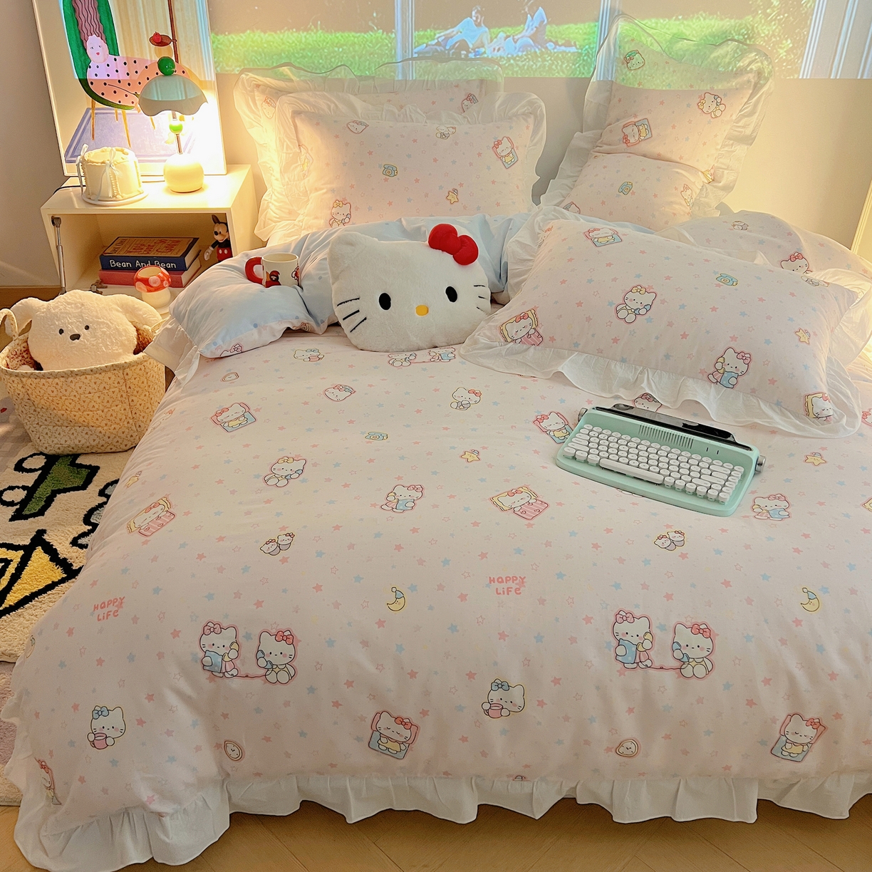 91家纺网 家纺一手货源 找家纺 六巷胡同 2026春夏新款韩系花边款卡通全棉四件套（第二系列）风格一 花边粉星闺蜜喵