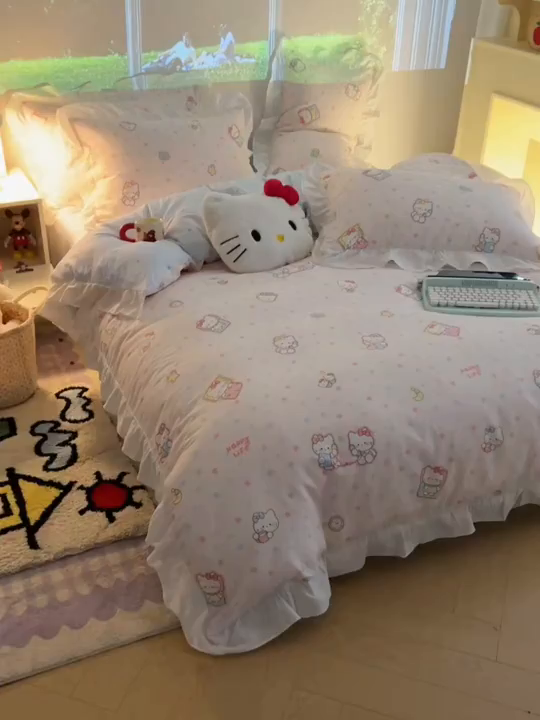 91家纺网 家纺一手货源 找家纺 六巷胡同 2026春夏新款韩系花边款卡通全棉四件套（第二系列）风格一 花边粉星闺蜜喵