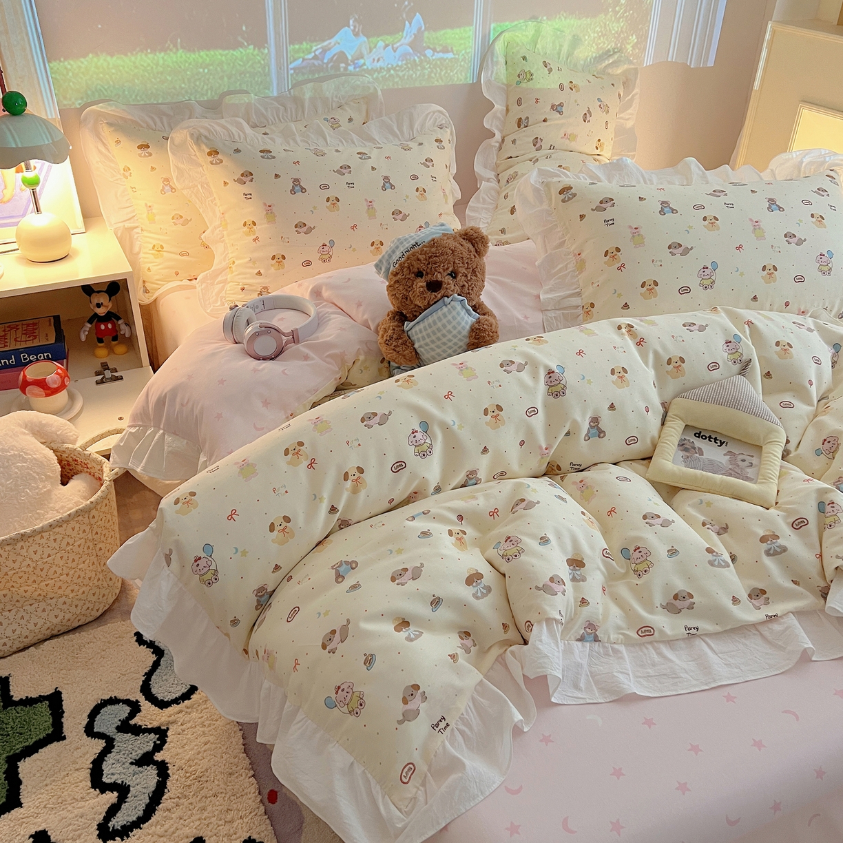 六巷胡同 2026春夏新款韩系花边款卡通全棉四件套（第二系列）风格一 花边气球派希犬