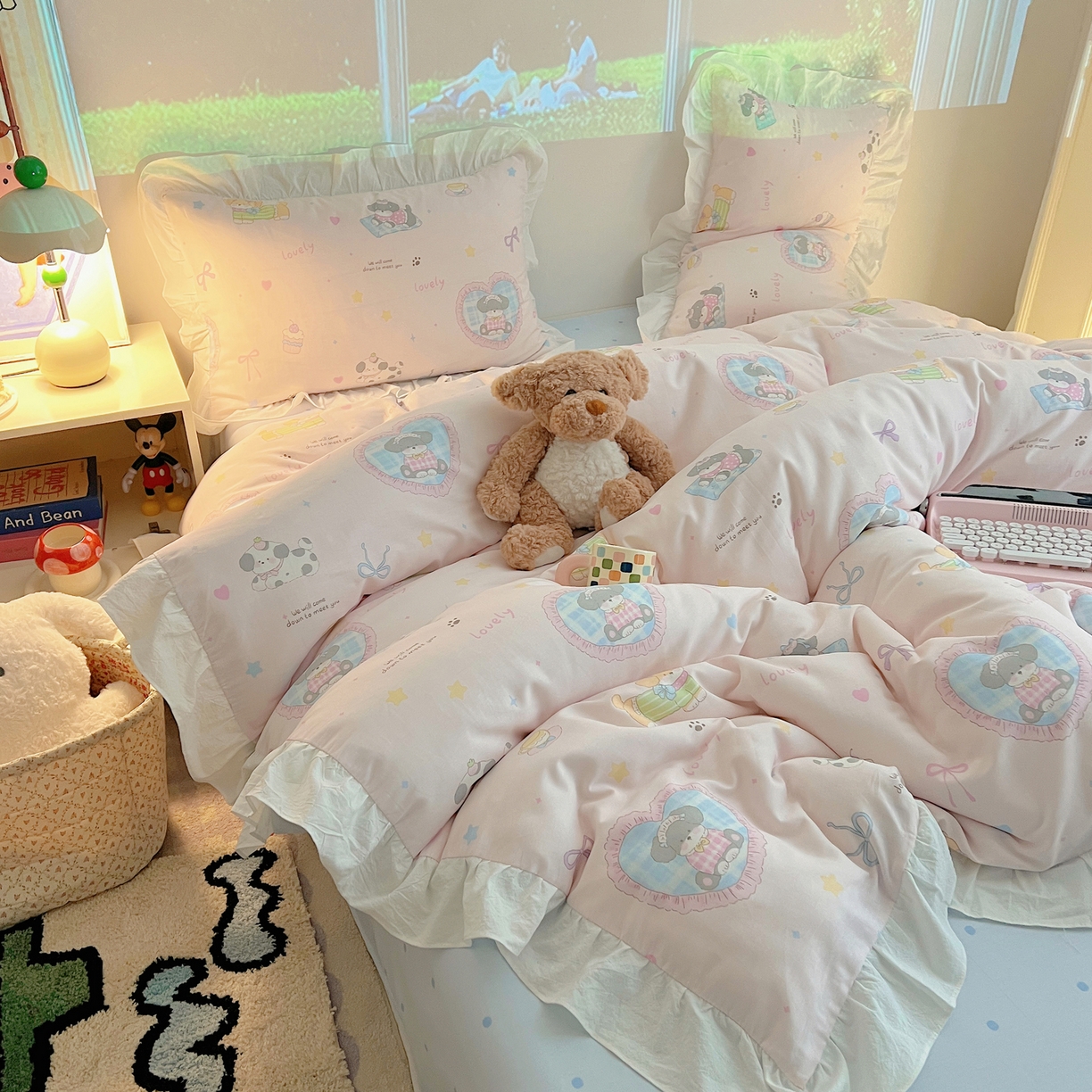 六巷胡同 2026春夏新款韩系花边款卡通全棉四件套（第二系列）风格一 花边小狗茶话会