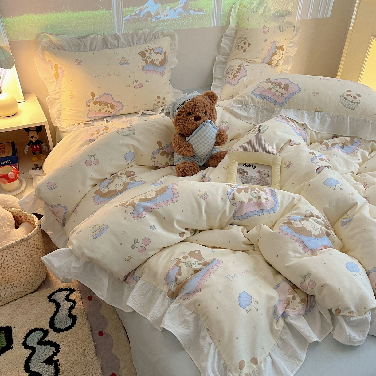 六巷胡同 2026春夏新款韩系花边款卡通全棉四件套（第二系列）风格一 花边慵懒猫咪崽