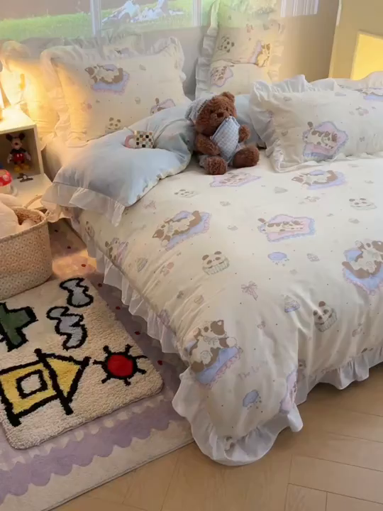 91家纺网 家纺一手货源 找家纺 六巷胡同 2026春夏新款韩系花边款卡通全棉四件套（第二系列）风格一 花边慵懒猫咪崽