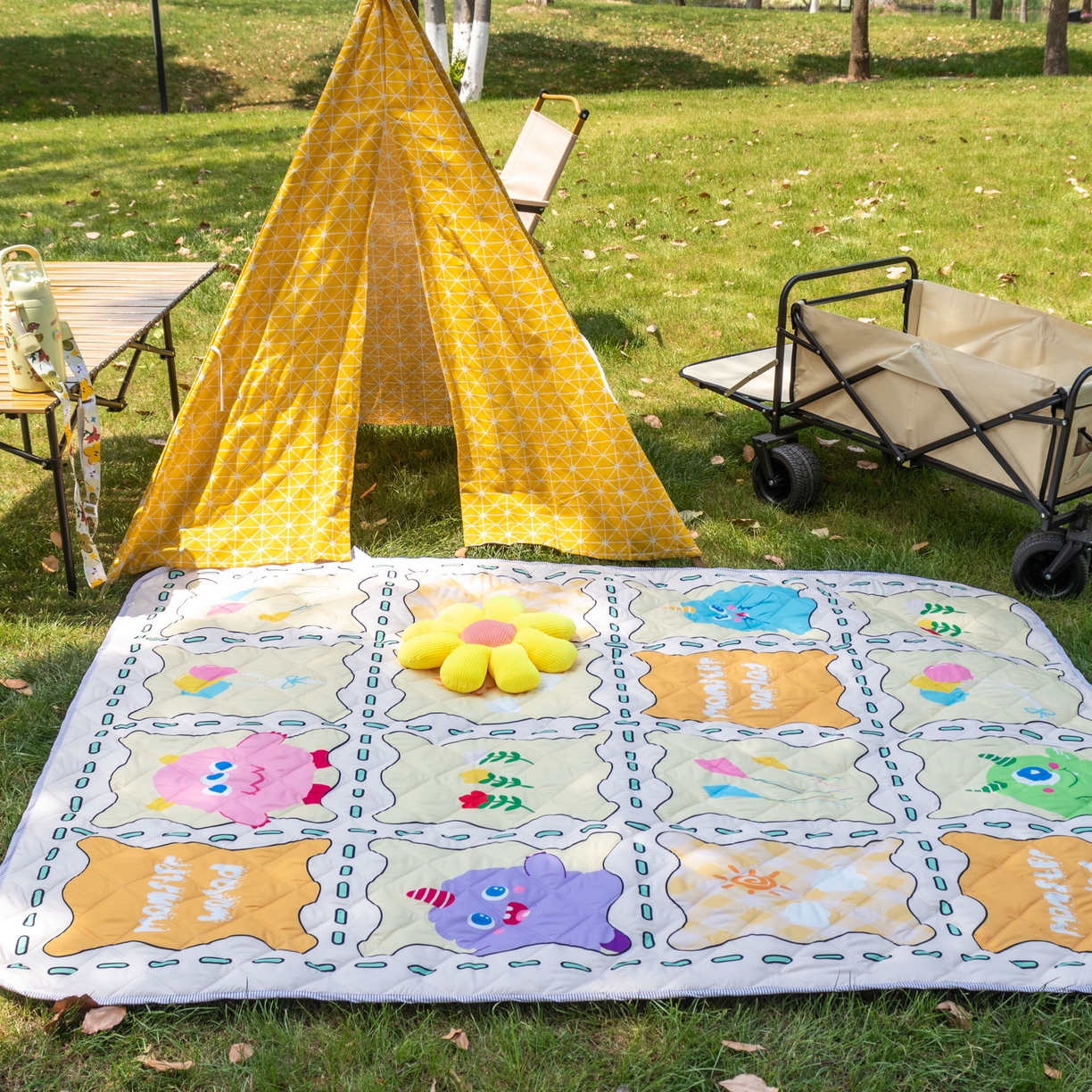 91家纺网 家纺一手货源 找家纺 欣宜家纺 2025新款铝底防水野餐垫防潮宝宝地垫爬爬垫露营垫帐篷垫 变脸怪兽