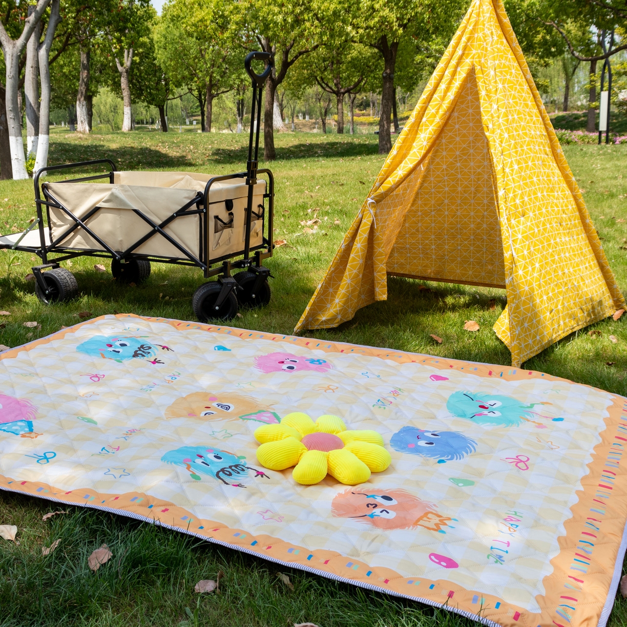 欣宜家纺 2025新款铝底防水野餐垫防潮宝宝地垫爬爬垫露营垫帐篷垫 格子毛球