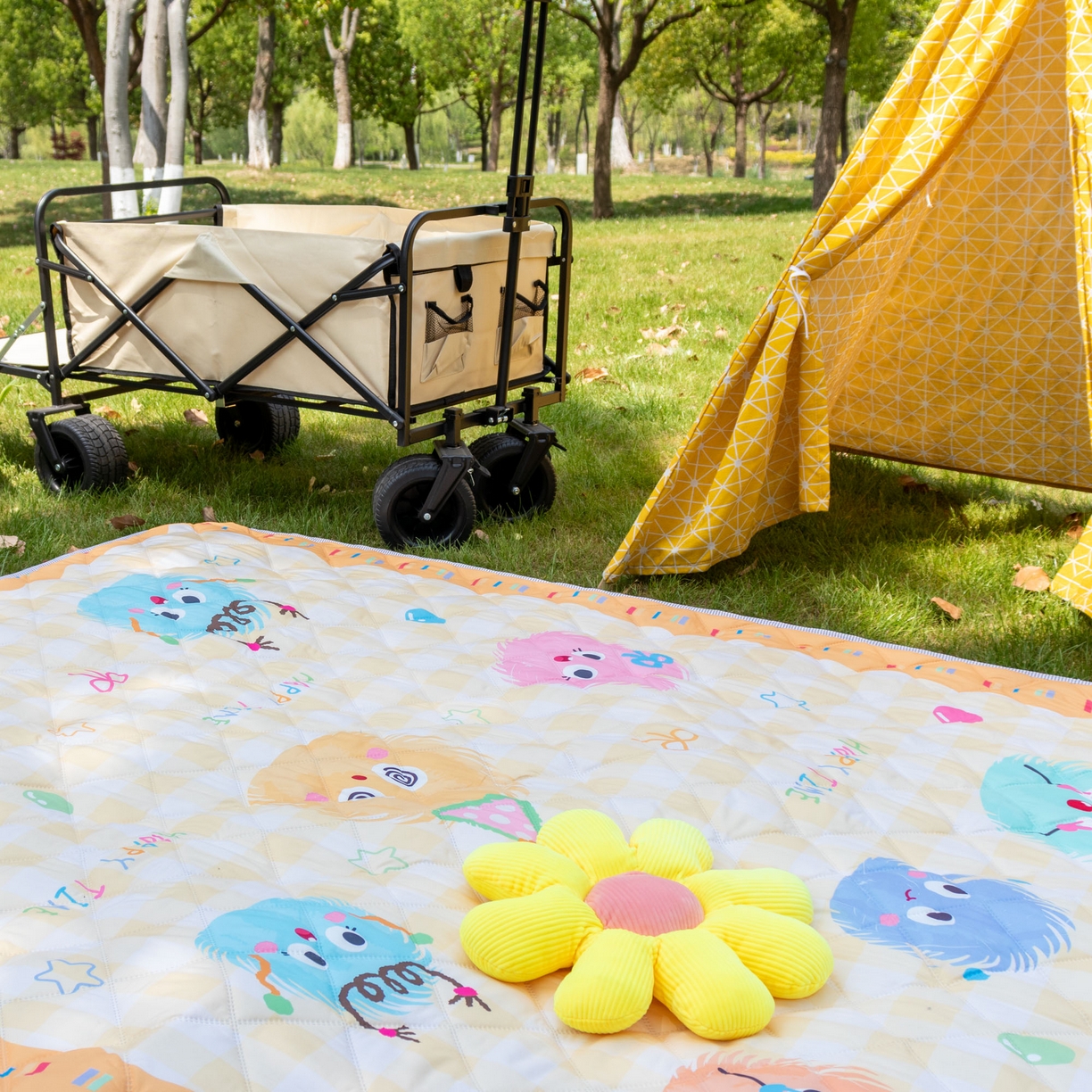 91家纺网 家纺一手货源 找家纺 欣宜家纺 2025新款铝底防水野餐垫防潮宝宝地垫爬爬垫露营垫帐篷垫 格子毛球