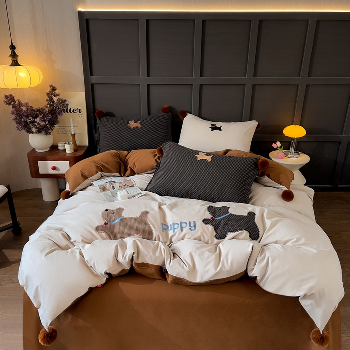 91家纺网 家纺一手货源 找家纺 （总）炫拼家纺 2026新款卡通毛巾绣A类全棉40支水洗棉贴布绣平绣纯棉四件套-毛球系列（专票6-7%）