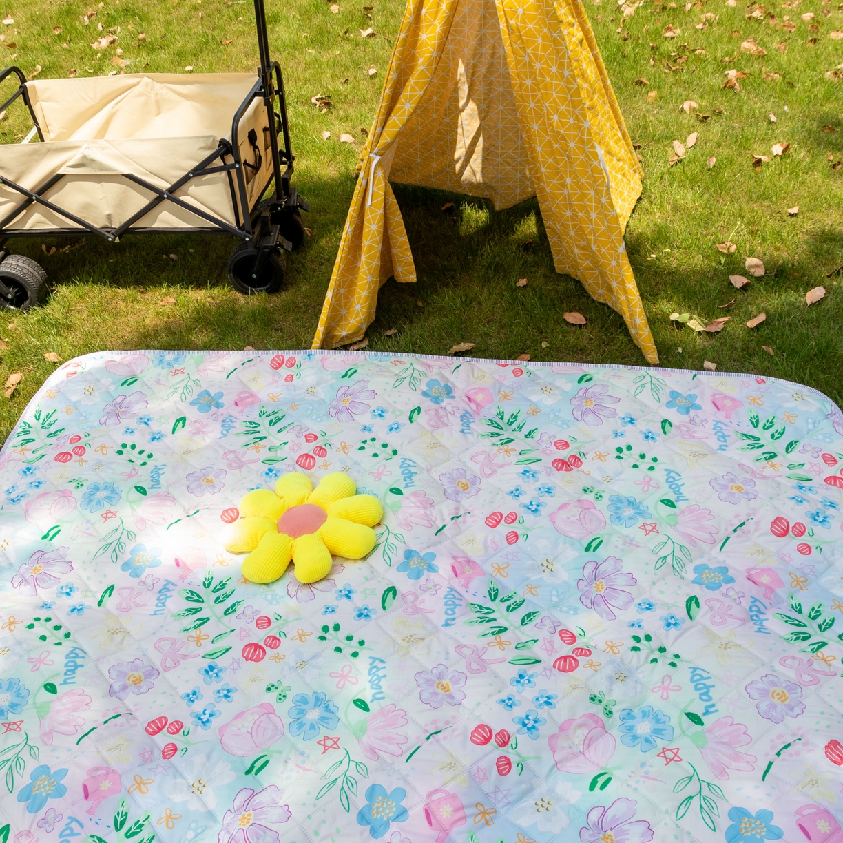 91家纺网 家纺一手货源 找家纺 欣宜家纺 2025新款铝底防水野餐垫防潮宝宝地垫爬爬垫露营垫帐篷垫 花漫天