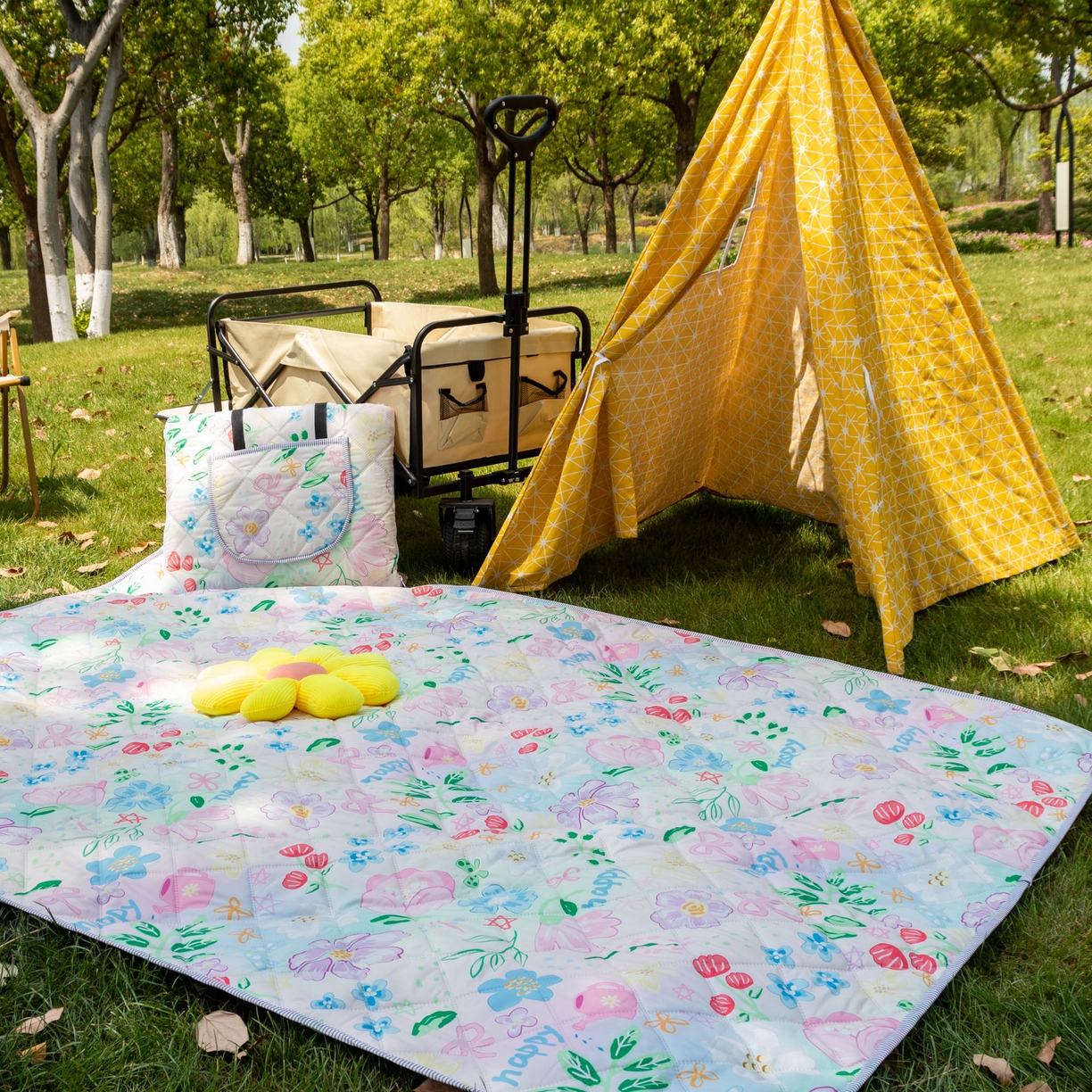 91家纺网 家纺一手货源 找家纺 欣宜家纺 2025新款铝底防水野餐垫防潮宝宝地垫爬爬垫露营垫帐篷垫 花漫天