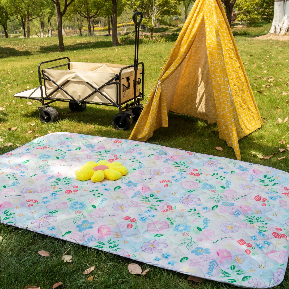 91家纺网 家纺一手货源 找家纺 欣宜家纺 2025新款铝底防水野餐垫防潮宝宝地垫爬爬垫露营垫帐篷垫 花漫天