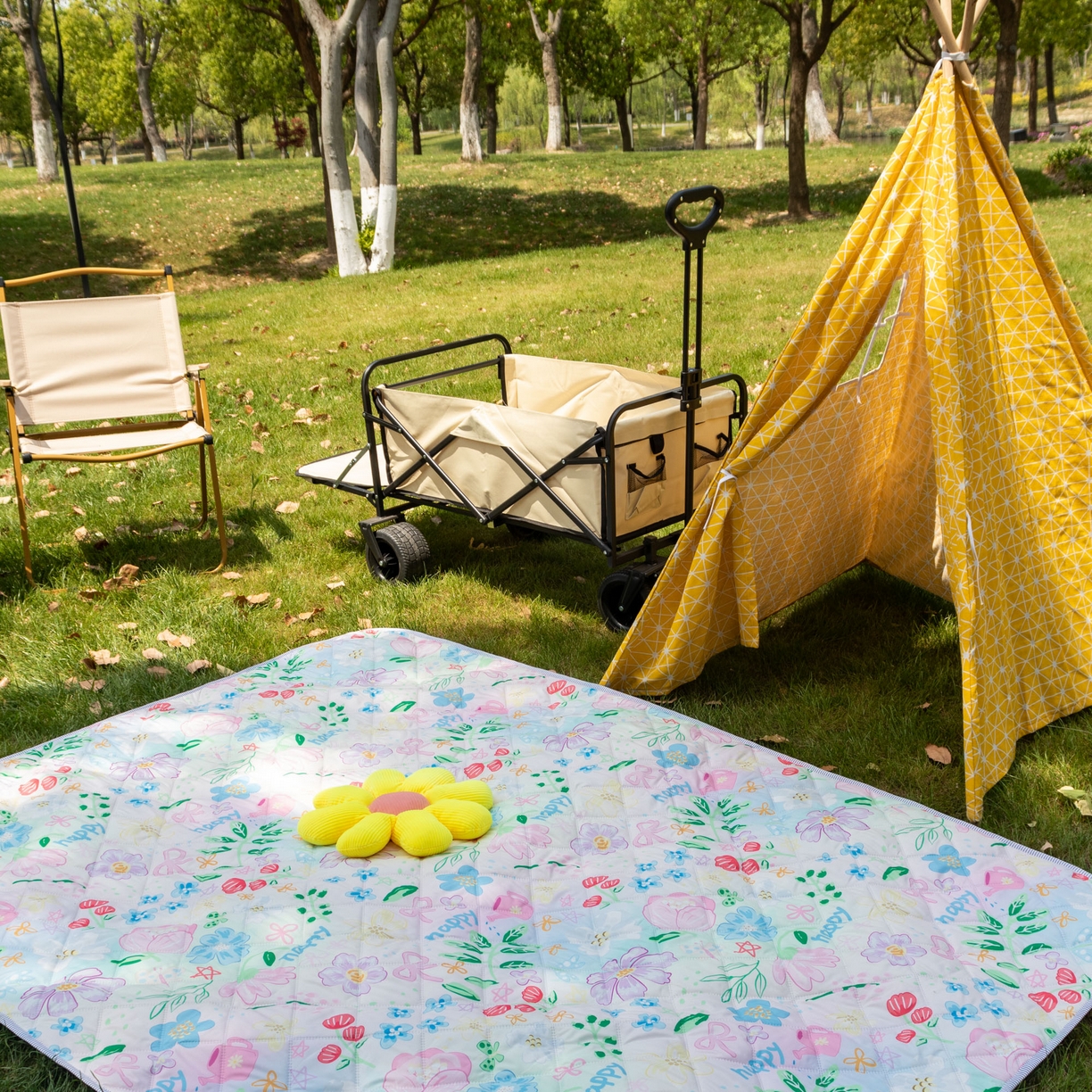 91家纺网 家纺一手货源 找家纺 欣宜家纺 2025新款铝底防水野餐垫防潮宝宝地垫爬爬垫露营垫帐篷垫 花漫天