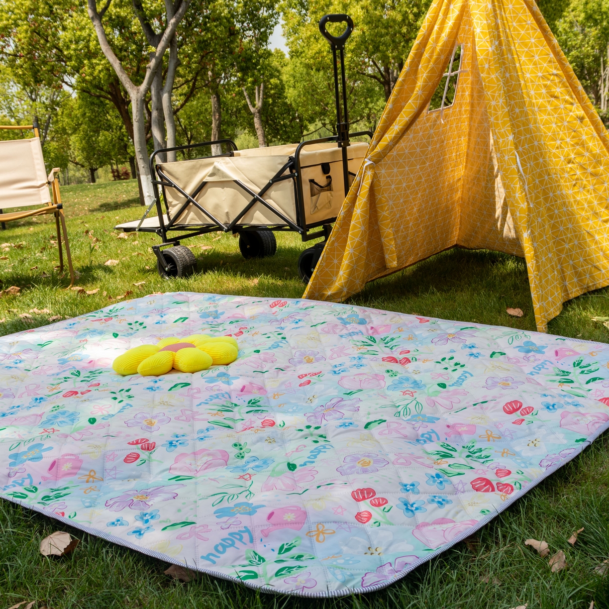 91家纺网 家纺一手货源 找家纺 欣宜家纺 2025新款铝底防水野餐垫防潮宝宝地垫爬爬垫露营垫帐篷垫 花漫天