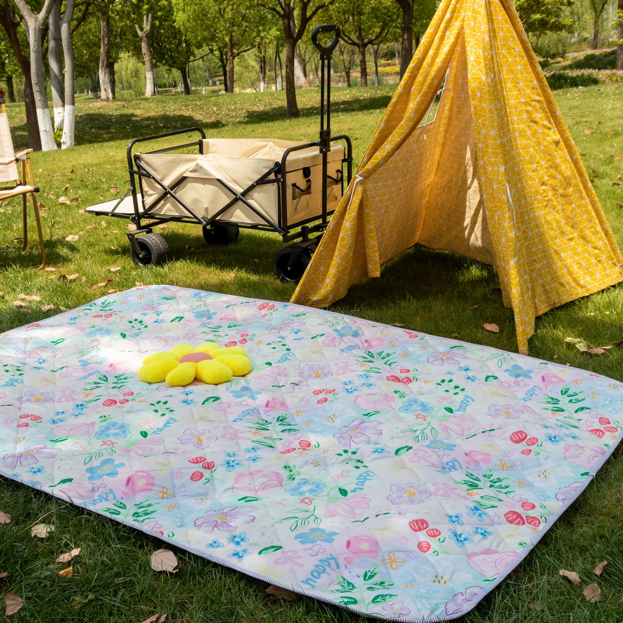 91家纺网 家纺一手货源 找家纺 欣宜家纺 2025新款铝底防水野餐垫防潮宝宝地垫爬爬垫露营垫帐篷垫 花漫天