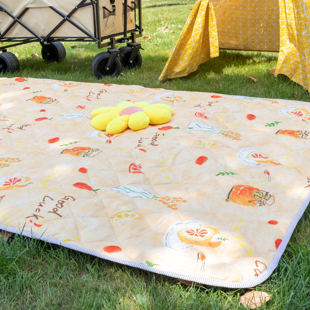 91家纺网 家纺一手货源 找家纺 欣宜家纺 2025新款铝底防水野餐垫防潮宝宝地垫爬爬垫露营垫帐篷垫 橘子酱