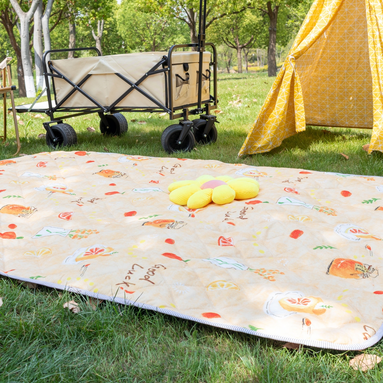 91家纺网 家纺一手货源 找家纺 欣宜家纺 2025新款铝底防水野餐垫防潮宝宝地垫爬爬垫露营垫帐篷垫 橘子酱