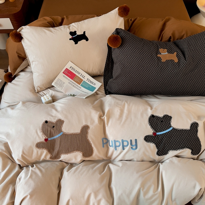 91家纺网 家纺一手货源 找家纺 炫拼家纺 2026新款卡通毛巾绣A类全棉40支水洗棉贴布绣平绣纯棉四件套-毛球系列 毛球-旺旺狗