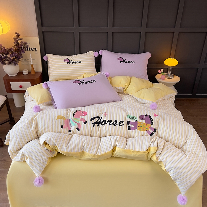 91家纺网 家纺一手货源 找家纺 炫拼家纺 2026新款卡通毛巾绣A类全棉40支水洗棉贴布绣平绣纯棉四件套-毛球系列 毛球-快乐小马