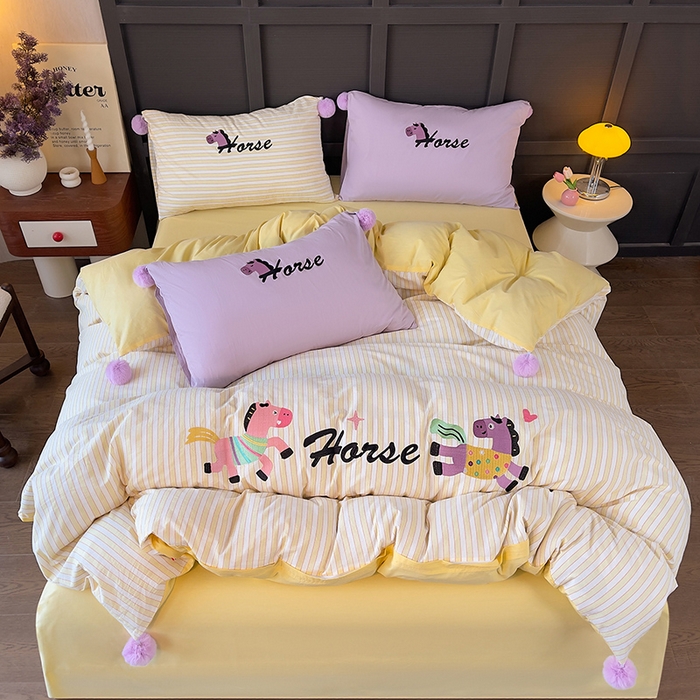 91家纺网 家纺一手货源 找家纺 炫拼家纺 2026新款卡通毛巾绣A类全棉40支水洗棉贴布绣平绣纯棉四件套-毛球系列 毛球-快乐小马