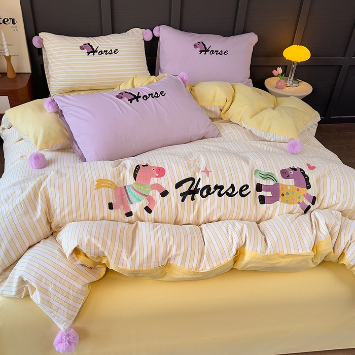 91家纺网 家纺一手货源 找家纺 炫拼家纺 2026新款卡通毛巾绣A类全棉40支水洗棉贴布绣平绣纯棉四件套-毛球系列 毛球-快乐小马