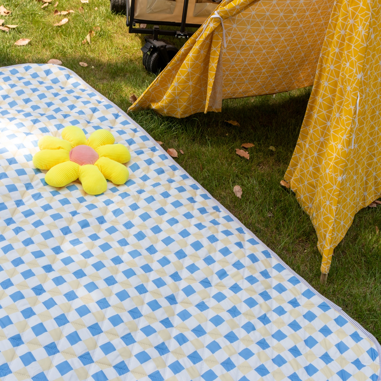 91家纺网 家纺一手货源 找家纺 欣宜家纺 2025新款铝底防水野餐垫防潮宝宝地垫爬爬垫露营垫帐篷垫 蓝格子