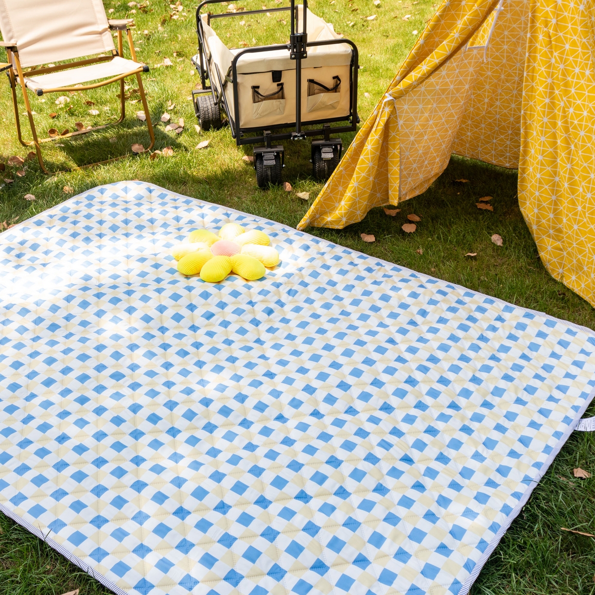 91家纺网 家纺一手货源 找家纺 欣宜家纺 2025新款铝底防水野餐垫防潮宝宝地垫爬爬垫露营垫帐篷垫 蓝格子