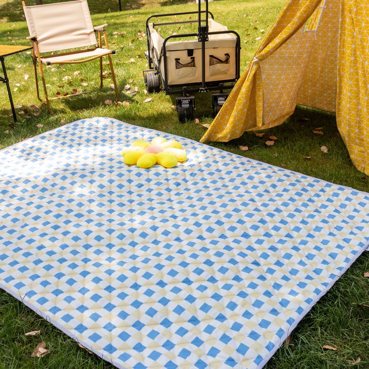 91家纺网 家纺一手货源 找家纺 欣宜家纺 2025新款铝底防水野餐垫防潮宝宝地垫爬爬垫露营垫帐篷垫 蓝格子