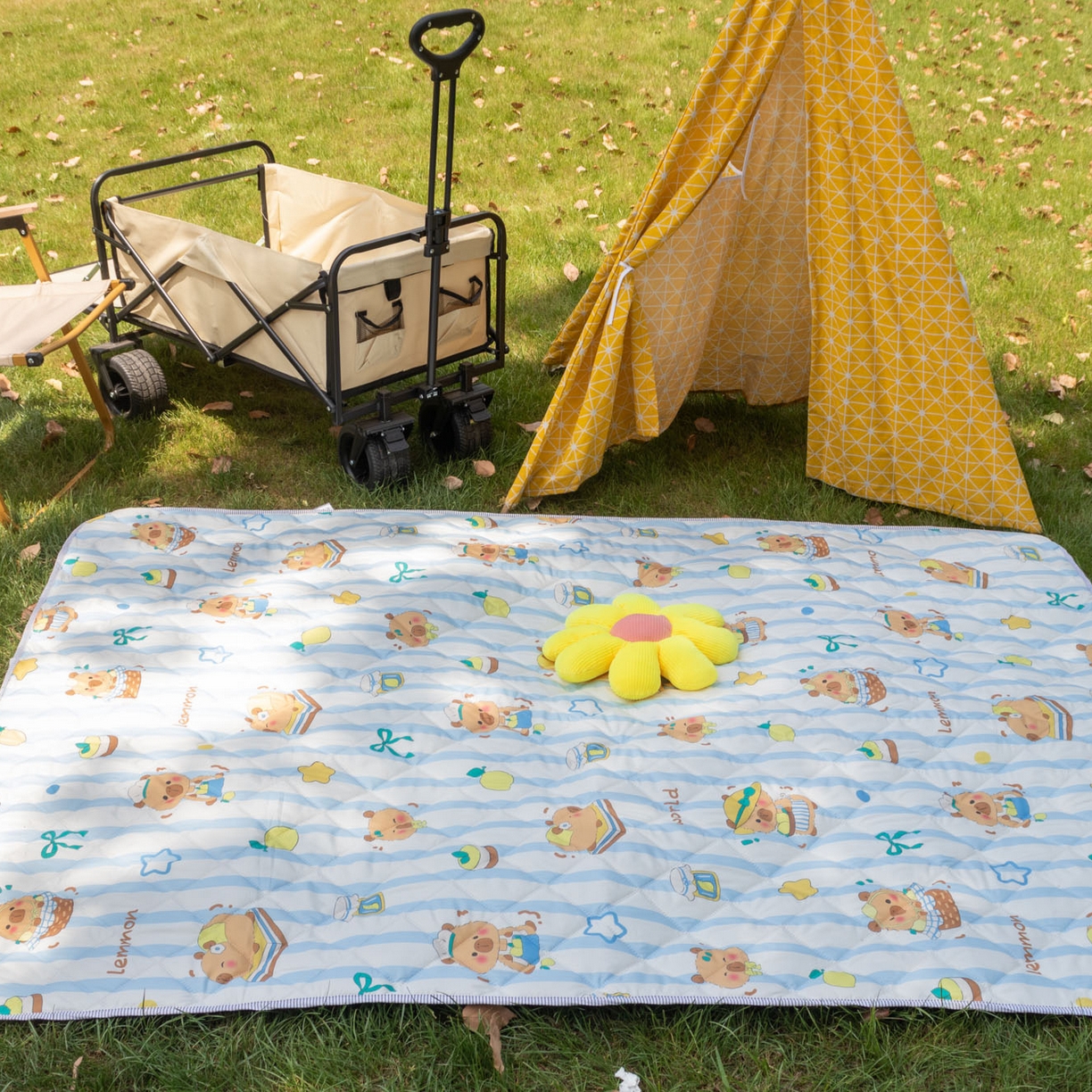 91家纺网 家纺一手货源 找家纺 欣宜家纺 2025新款铝底防水野餐垫防潮宝宝地垫爬爬垫露营垫帐篷垫 蓝条卡皮