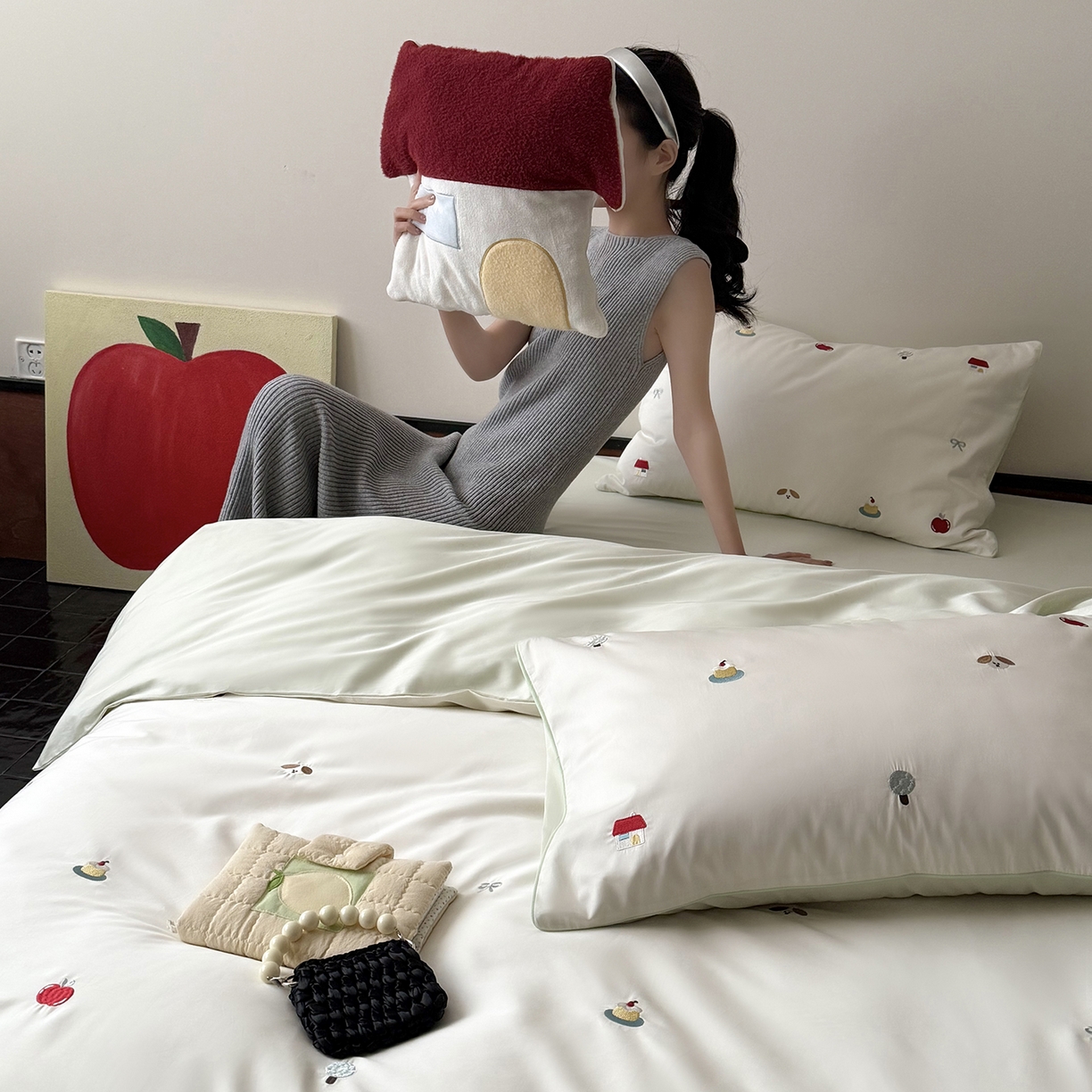 91家纺网 家纺一手货源 找家纺 鹿班家居 2026春季新品100S长绒棉精密刺绣系列四件套-彩虹绘梦（标准会员-20元) 彩虹绘梦-草绿