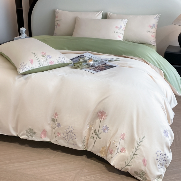 91家纺网 家纺一手货源 找家纺 欣宜家纺 2025新款全棉长绒棉刺绣绣花款纯棉四件套高端礼盒款-洛可系列 洛可可-白绿