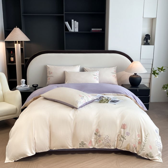 欣宜家纺 2025新款全棉长绒棉刺绣绣花款纯棉四件套高端礼盒款-洛可系列 洛可可-白紫