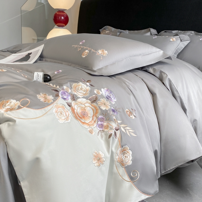 91家纺网 家纺一手货源 找家纺 欣宜家纺 2025新款纯棉全棉长绒棉刺绣绣花高端礼盒四件套-梦境 梦境迷雾灰