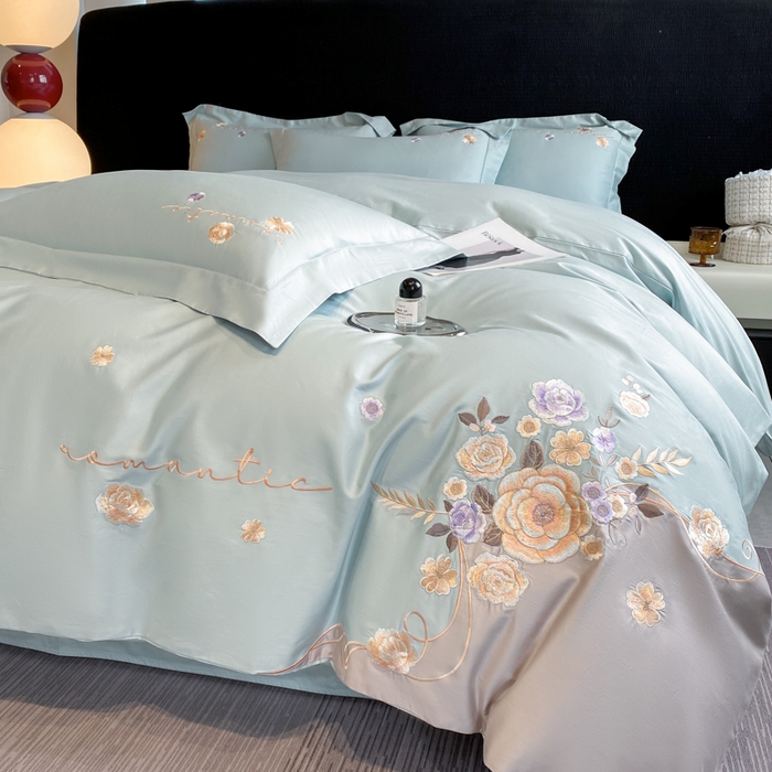 91家纺网 家纺一手货源 找家纺 欣宜家纺 2025新款纯棉全棉长绒棉刺绣绣花高端礼盒四件套-梦境 梦境飘蓝