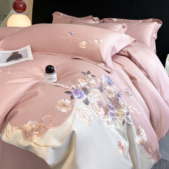 91家纺网 家纺一手货源 找家纺 欣宜家纺 2025新款纯棉全棉长绒棉刺绣绣花高端礼盒四件套-梦境 梦境轻奢粉