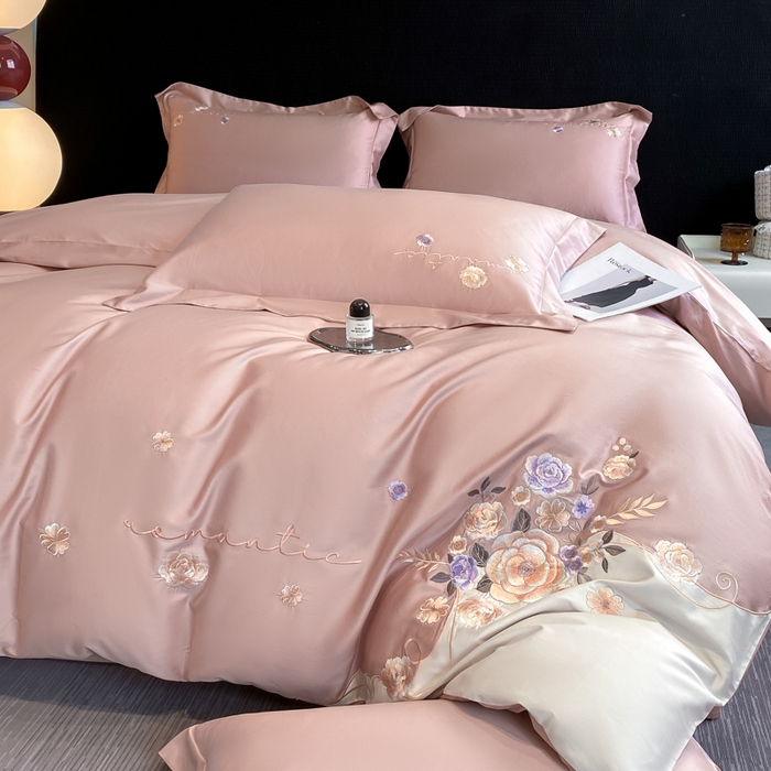 91家纺网 家纺一手货源 找家纺 欣宜家纺 2025新款纯棉全棉长绒棉刺绣绣花高端礼盒四件套-梦境 梦境轻奢粉